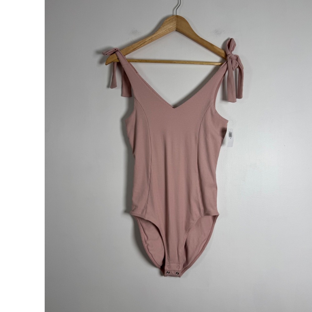 Coquette Old Navy Womens XS Ribbed Tie Shoulder Bodysuit Pink V-Neck NWT